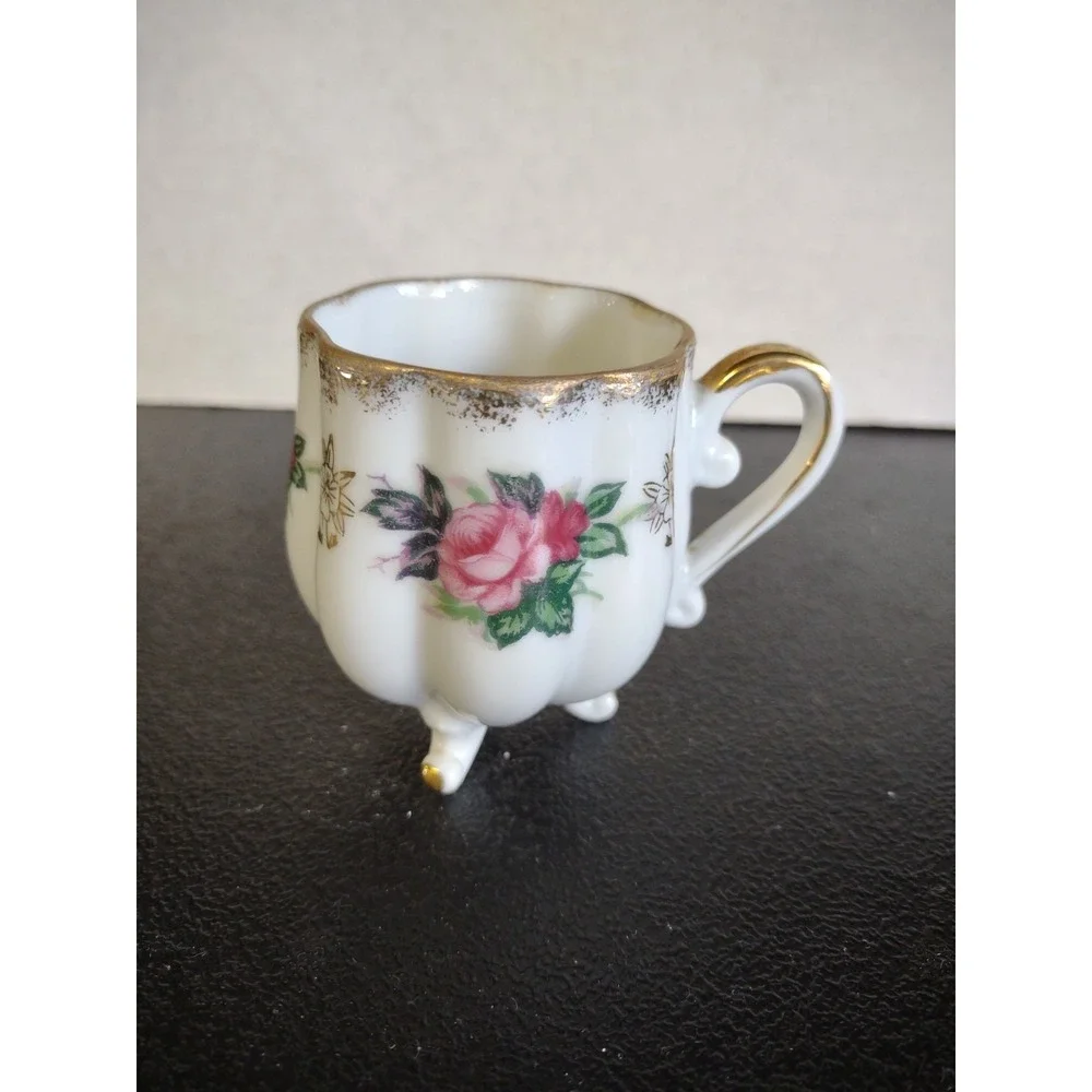 Vtg Lefton Hand Painted Footed Tea Cup & Saucer Pink Roses